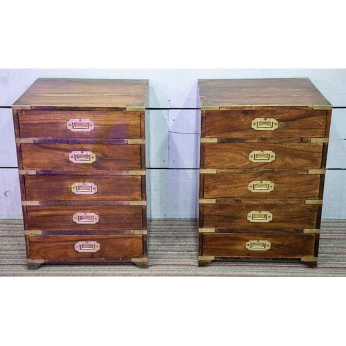 486 - CAMPAIGN STYLE BEDSIDE CHESTS, 53cm H x 38cm W x 38cm D, a pair, hardwood and brass bound of five dr... 