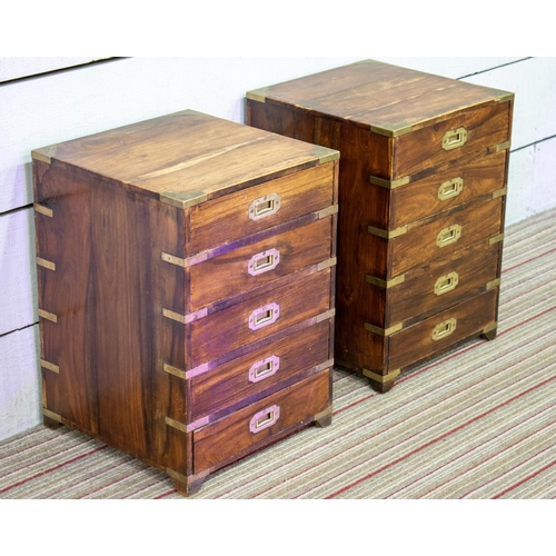 486 - CAMPAIGN STYLE BEDSIDE CHESTS, 53cm H x 38cm W x 38cm D, a pair, hardwood and brass bound of five dr... 