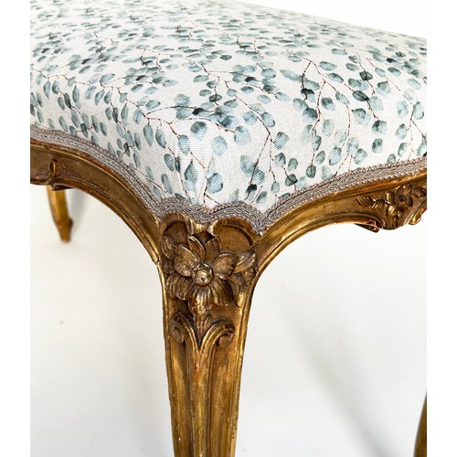 118A - WINDOW SEAT, French Louis XV style giltwood with eucalyptus print upholstery, 103cm x 37cm x 54cm H.