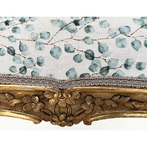 118A - WINDOW SEAT, French Louis XV style giltwood with eucalyptus print upholstery, 103cm x 37cm x 54cm H.