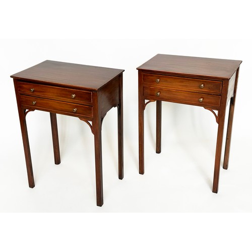 119A - LAMP TABLES, a pair, George III figured mahogany and satinwood banded each with two drawers, 50cm x ... 