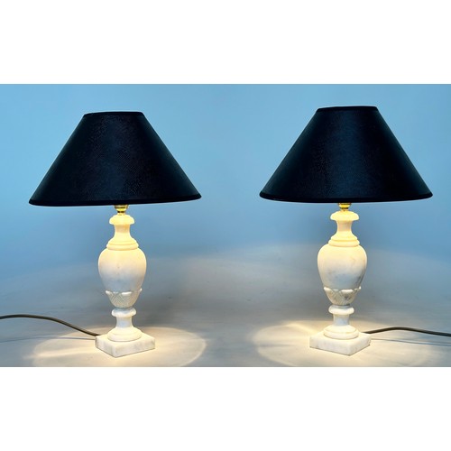 120A - MARBLE TABLE LAMPS, a pair, variegated white marble with turned columns and shades, 50cm H. (2)