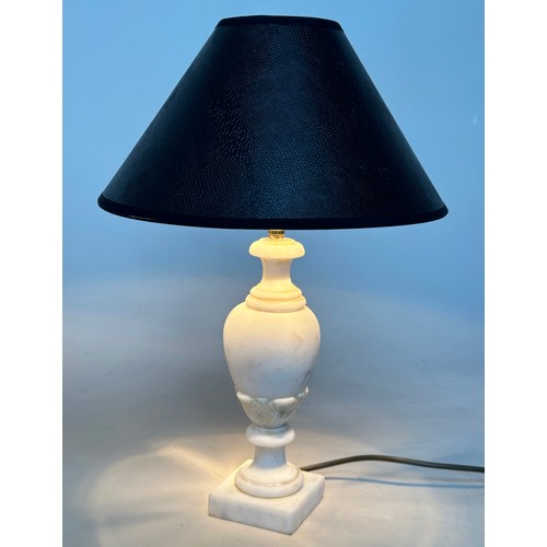 120A - MARBLE TABLE LAMPS, a pair, variegated white marble with turned columns and shades, 50cm H. (2)