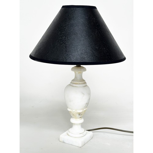 120A - MARBLE TABLE LAMPS, a pair, variegated white marble with turned columns and shades, 50cm H. (2)