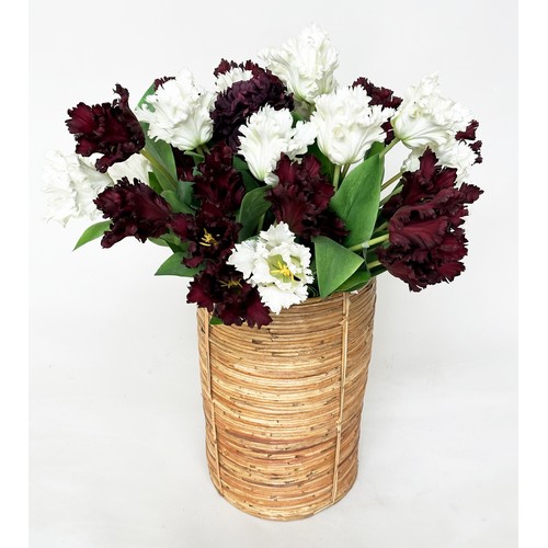 221 - ARTIFICIAL TULIPS, an arrangement of white and crimson tulips in cane bound planter, 90cm H.