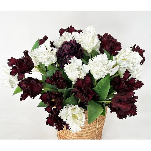 221 - ARTIFICIAL TULIPS, an arrangement of white and crimson tulips in cane bound planter, 90cm H.