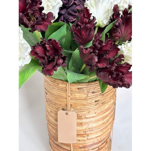 221 - ARTIFICIAL TULIPS, an arrangement of white and crimson tulips in cane bound planter, 90cm H.