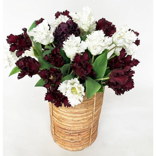 221 - ARTIFICIAL TULIPS, an arrangement of white and crimson tulips in cane bound planter, 90cm H.