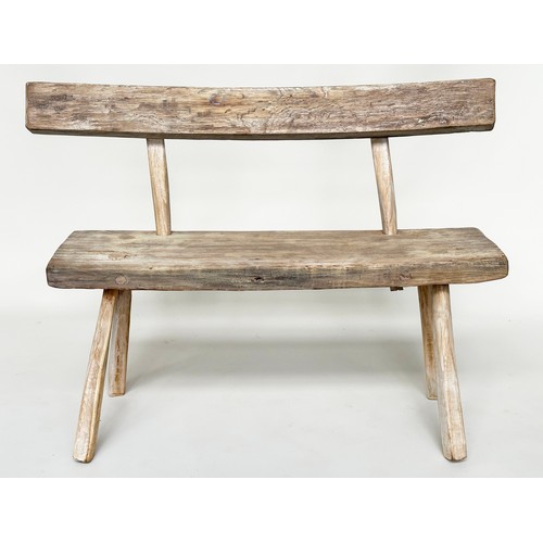 450 - OAK HALL BENCH, vintage rustic oak with raised bar-back solid seat and splay supports, 108cm W.