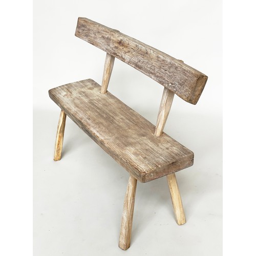 450 - OAK HALL BENCH, vintage rustic oak with raised bar-back solid seat and splay supports, 108cm W.