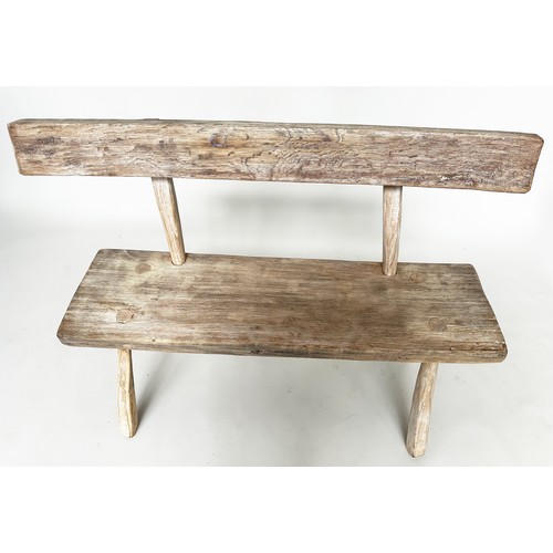 450 - OAK HALL BENCH, vintage rustic oak with raised bar-back solid seat and splay supports, 108cm W.