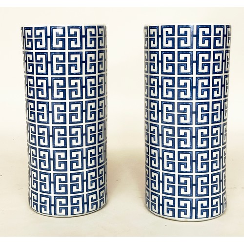 460 - VASES, a pair, Chinese blue and white ceramic of cylindrical form and mosaic Kiriko pattern decorati... 