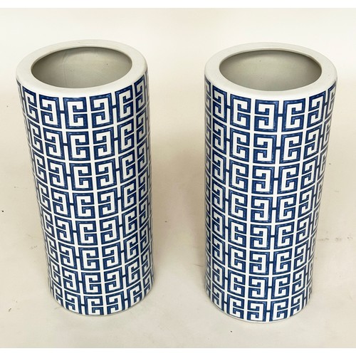 460 - VASES, a pair, Chinese blue and white ceramic of cylindrical form and mosaic Kiriko pattern decorati... 