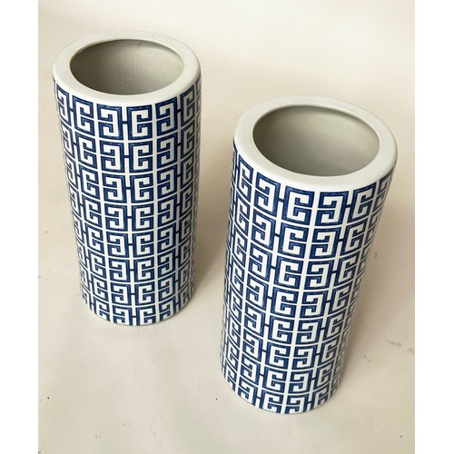 460 - VASES, a pair, Chinese blue and white ceramic of cylindrical form and mosaic Kiriko pattern decorati... 