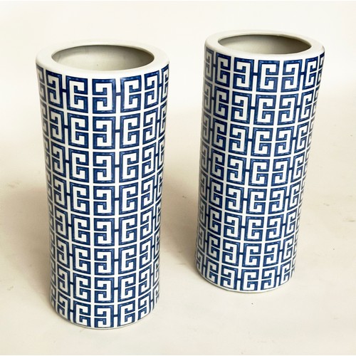 460 - VASES, a pair, Chinese blue and white ceramic of cylindrical form and mosaic Kiriko pattern decorati... 