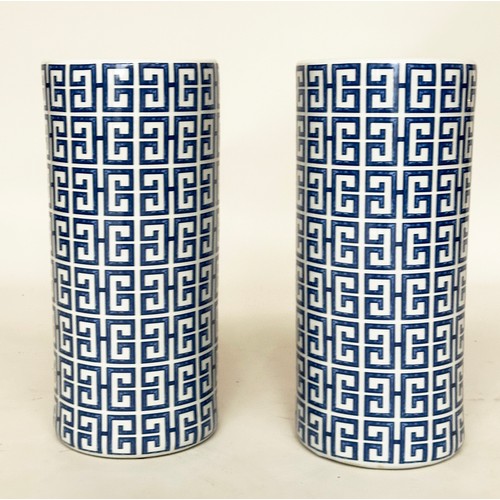 460 - VASES, a pair, Chinese blue and white ceramic of cylindrical form and mosaic Kiriko pattern decorati... 