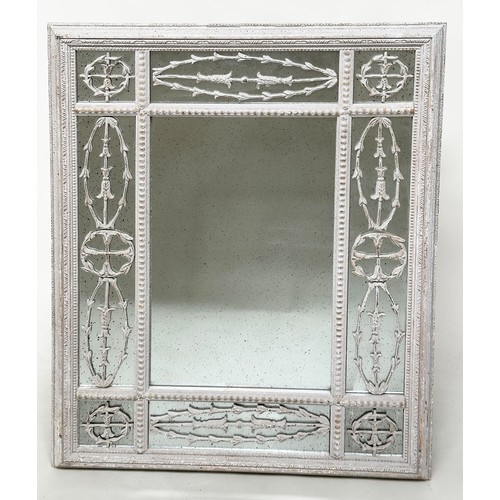 455 - WALL MIRROR, French style distressed grey painted, rectangular framed with tracery decorated margina... 