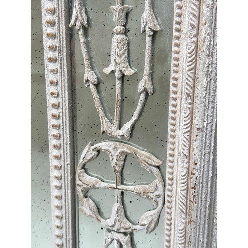 455 - WALL MIRROR, French style distressed grey painted, rectangular framed with tracery decorated margina... 