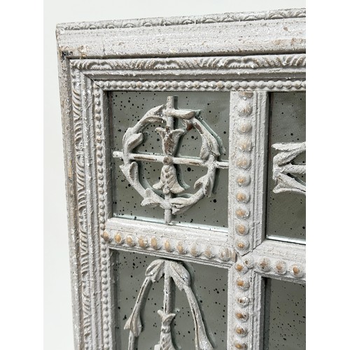 455 - WALL MIRROR, French style distressed grey painted, rectangular framed with tracery decorated margina... 