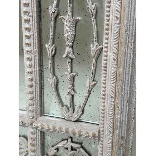 455 - WALL MIRROR, French style distressed grey painted, rectangular framed with tracery decorated margina... 