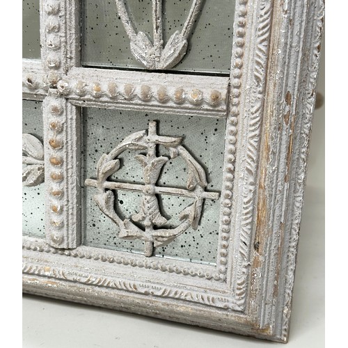 455 - WALL MIRROR, French style distressed grey painted, rectangular framed with tracery decorated margina... 