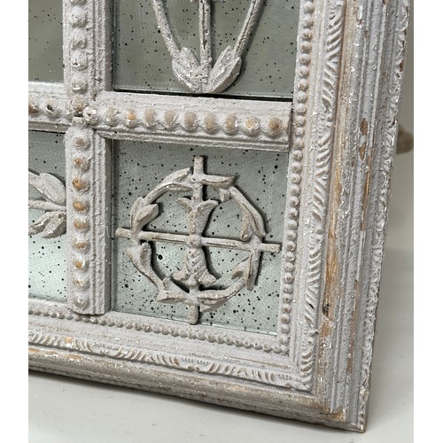 455 - WALL MIRROR, French style distressed grey painted, rectangular framed with tracery decorated margina... 