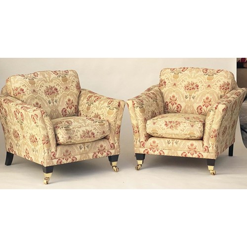 141 - PARKER KNOLL ARMCHAIRS, a pair, tapestry weave, square out swept arms, tapered feet, brass castors, ... 