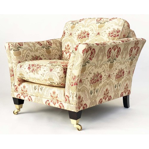 141 - PARKER KNOLL ARMCHAIRS, a pair, tapestry weave, square out swept arms, tapered feet, brass castors, ... 