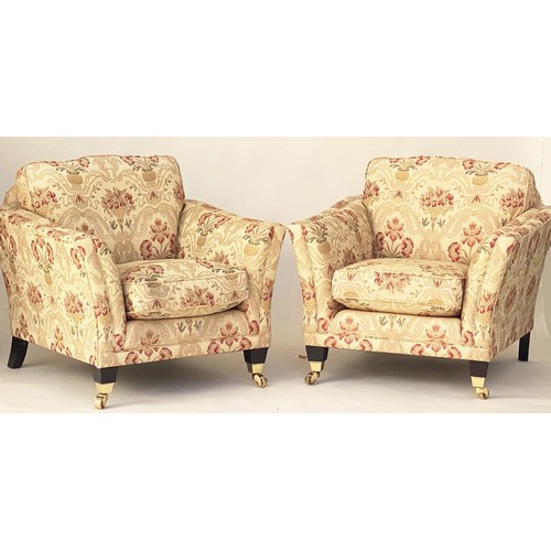 141 - PARKER KNOLL ARMCHAIRS, a pair, tapestry weave, square out swept arms, tapered feet, brass castors, ... 