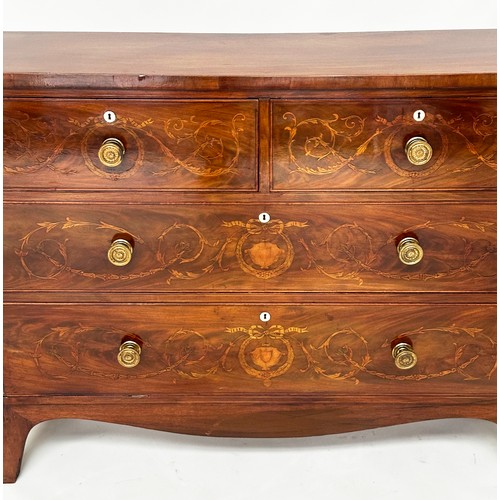 124A - HALL CHEST, 19th century figured mahogany and foliate satinwood inlaid of adapted shallow proportion... 