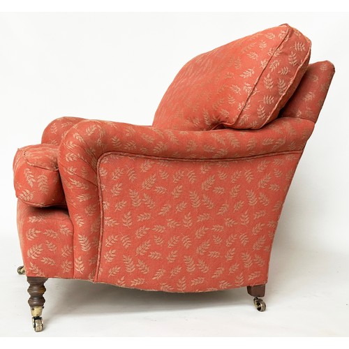 122A - ARMCHAIR AND STOOL, Howard style in the manner of George Smith, terracotta woven leaf fabric upholst... 