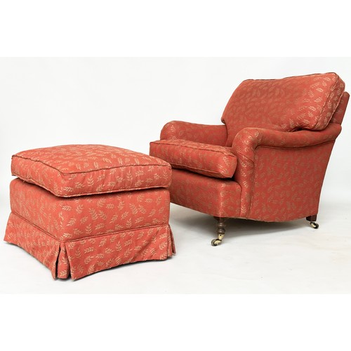 122A - ARMCHAIR AND STOOL, Howard style in the manner of George Smith, terracotta woven leaf fabric upholst... 