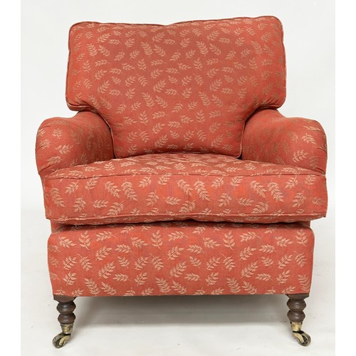 122A - ARMCHAIR AND STOOL, Howard style in the manner of George Smith, terracotta woven leaf fabric upholst... 