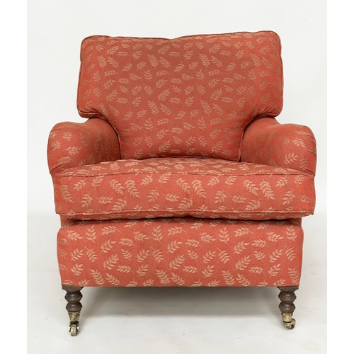 122A - ARMCHAIR AND STOOL, Howard style in the manner of George Smith, terracotta woven leaf fabric upholst... 