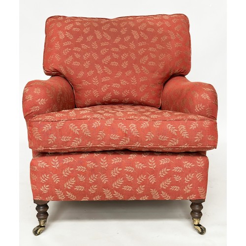 122A - ARMCHAIR AND STOOL, Howard style in the manner of George Smith, terracotta woven leaf fabric upholst... 