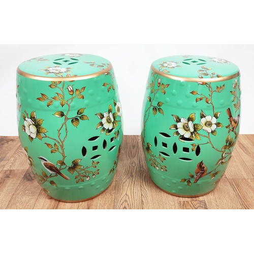 340 - BARREL STOOLS, a pair, glazed ceramic, 30cm x 45cm H approx each. (2)