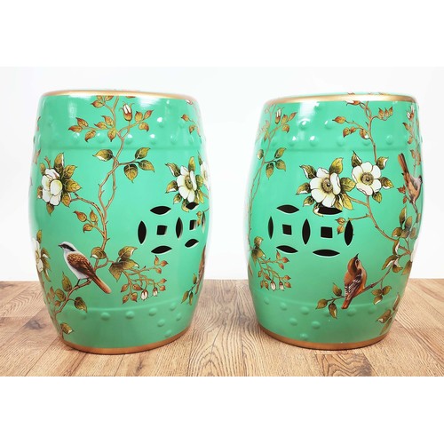 340 - BARREL STOOLS, a pair, glazed ceramic, 30cm x 45cm H approx each. (2)