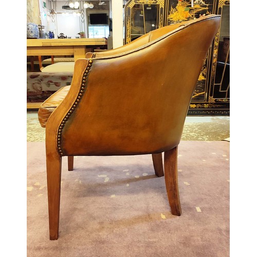 139 - A BERGERE CHAIR, mid 20th century, brown leather upholstered mahogany arms and legs, 82cm H x 62cm 