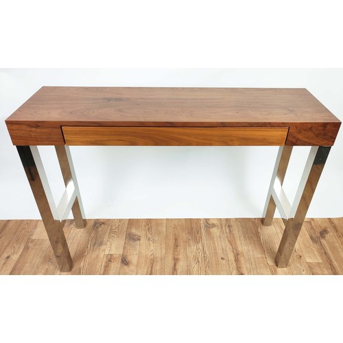 346 - CONSOLE TABLE, 120cm x 35cm x 87cm H, the wooden top with a frieze drawer on a polished metal base.