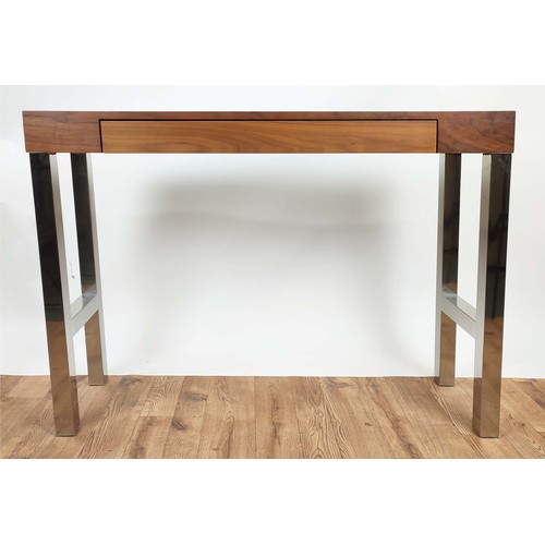 346 - CONSOLE TABLE, 120cm x 35cm x 87cm H, the wooden top with a frieze drawer on a polished metal base.