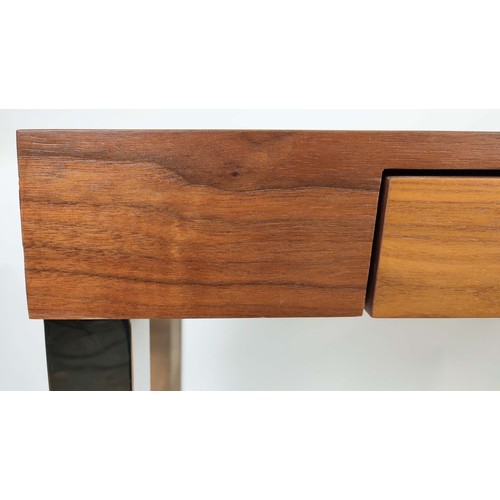 346 - CONSOLE TABLE, 120cm x 35cm x 87cm H, the wooden top with a frieze drawer on a polished metal base.