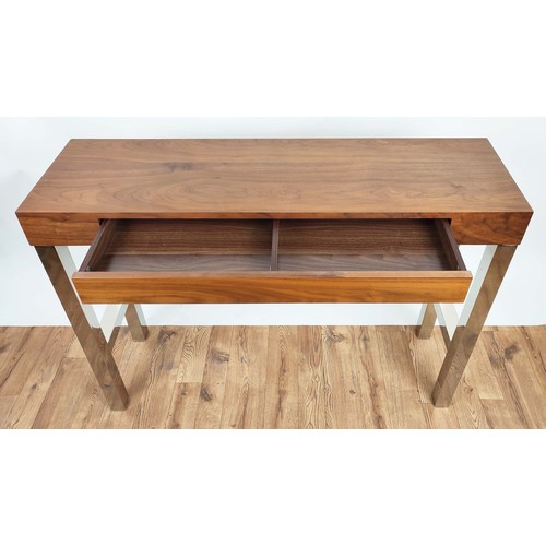 346 - CONSOLE TABLE, 120cm x 35cm x 87cm H, the wooden top with a frieze drawer on a polished metal base.