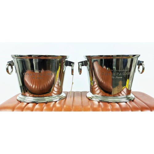 342 - CHAMPAGNE COOLERS, a pair, each stamped cuvée de prestige champagne du Louvois, polished metal, 25cm... 