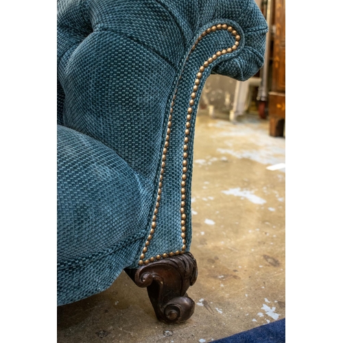 136 - CHESTERFIELD SOFA, 56cm H x 214cm x 90cm, Victorian, of low height in buttoned blue chenille.