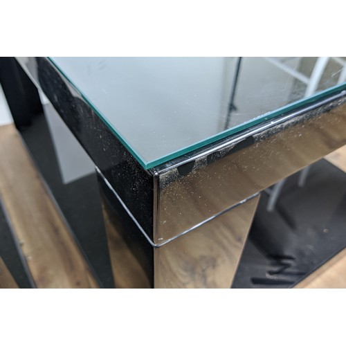 306 - LOW TABLES, a pair, black lacquered with glass tops, 85cm x 65cm x 51cm. (2)