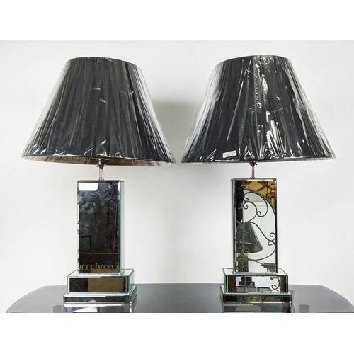 316 - TABLE LAMPS, a pair, mirrored with black shades, 79cm H. (2)