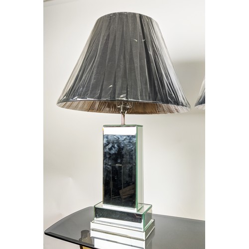 316 - TABLE LAMPS, a pair, mirrored with black shades, 79cm H. (2)