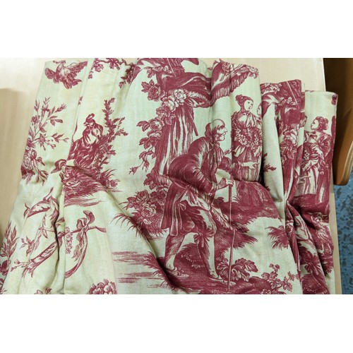 327 - TWO PAIRS OF LARGE CURTAINS, 'Toile de Jouy' red design on a cream-coloured ground, 100% cotton, all... 