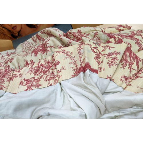 327 - TWO PAIRS OF LARGE CURTAINS, 'Toile de Jouy' red design on a cream-coloured ground, 100% cotton, all... 