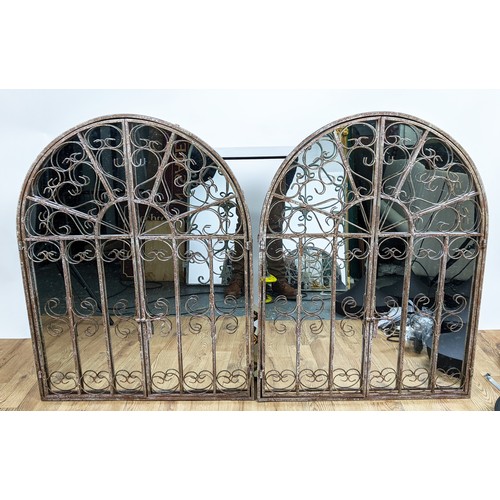 332 - ARCHITECTURAL WALL MIRRORS, a pair, gated design, aged metal frames, 88.5cm x 69cm. (2)